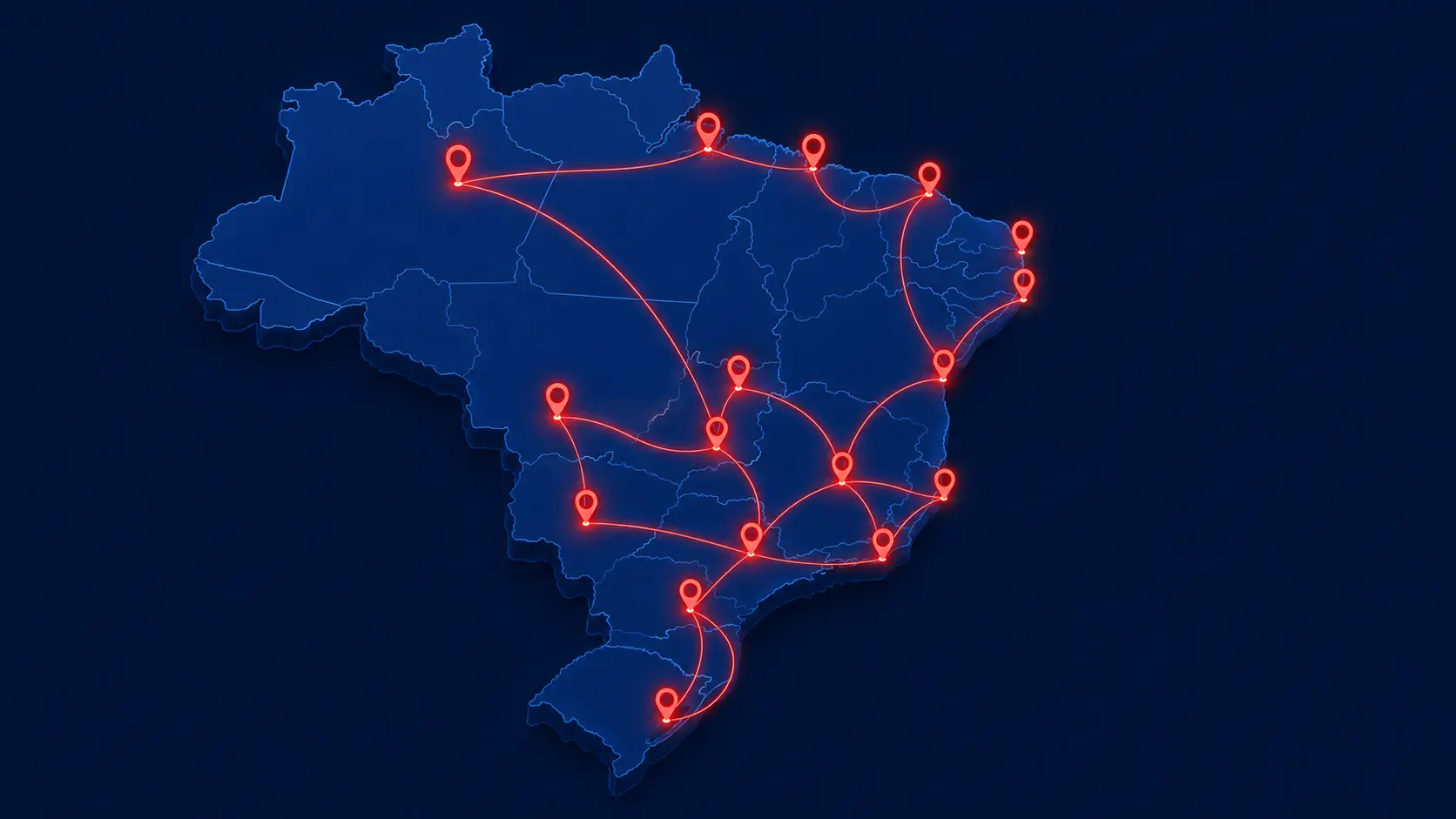 Mapa do Brasil com rotas logísticas e marcadores nas principais cidades e capitais